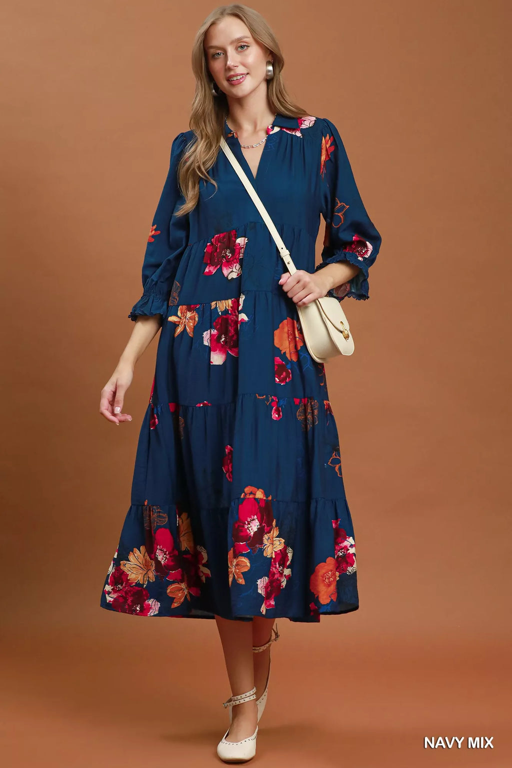 umgee floral print Umgee Floral Print Tiered Midi Dress with Puff Sleeves view 5 (dress) - shop at us.meeeshop