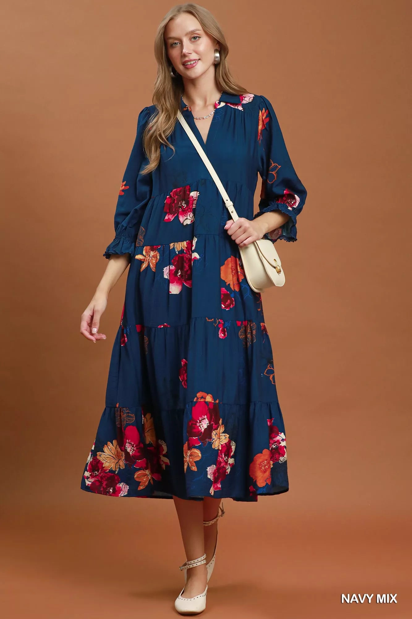 umgee floral print Umgee Floral Print Tiered Midi Dress with Puff Sleeves view 5 (dress) - shop at us.meeeshop