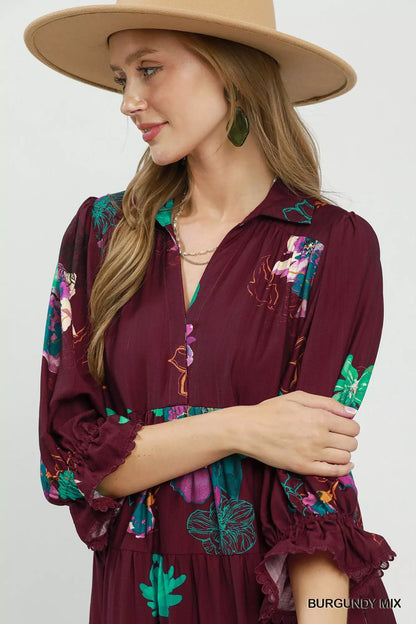umgee floral print Umgee Floral Print Tiered Midi Dress with Puff Sleeves view 5 (dress) - shop at us.meeeshop