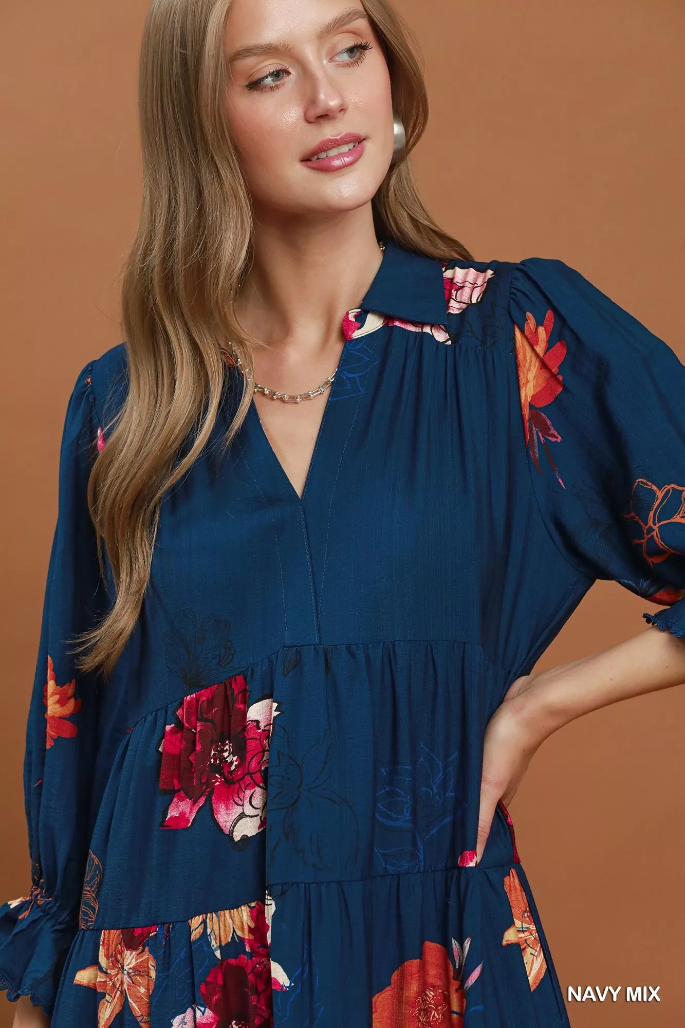 umgee floral print Umgee Floral Print Tiered Midi Dress with Puff Sleeves view 6 (dress) - shop at us.meeeshop