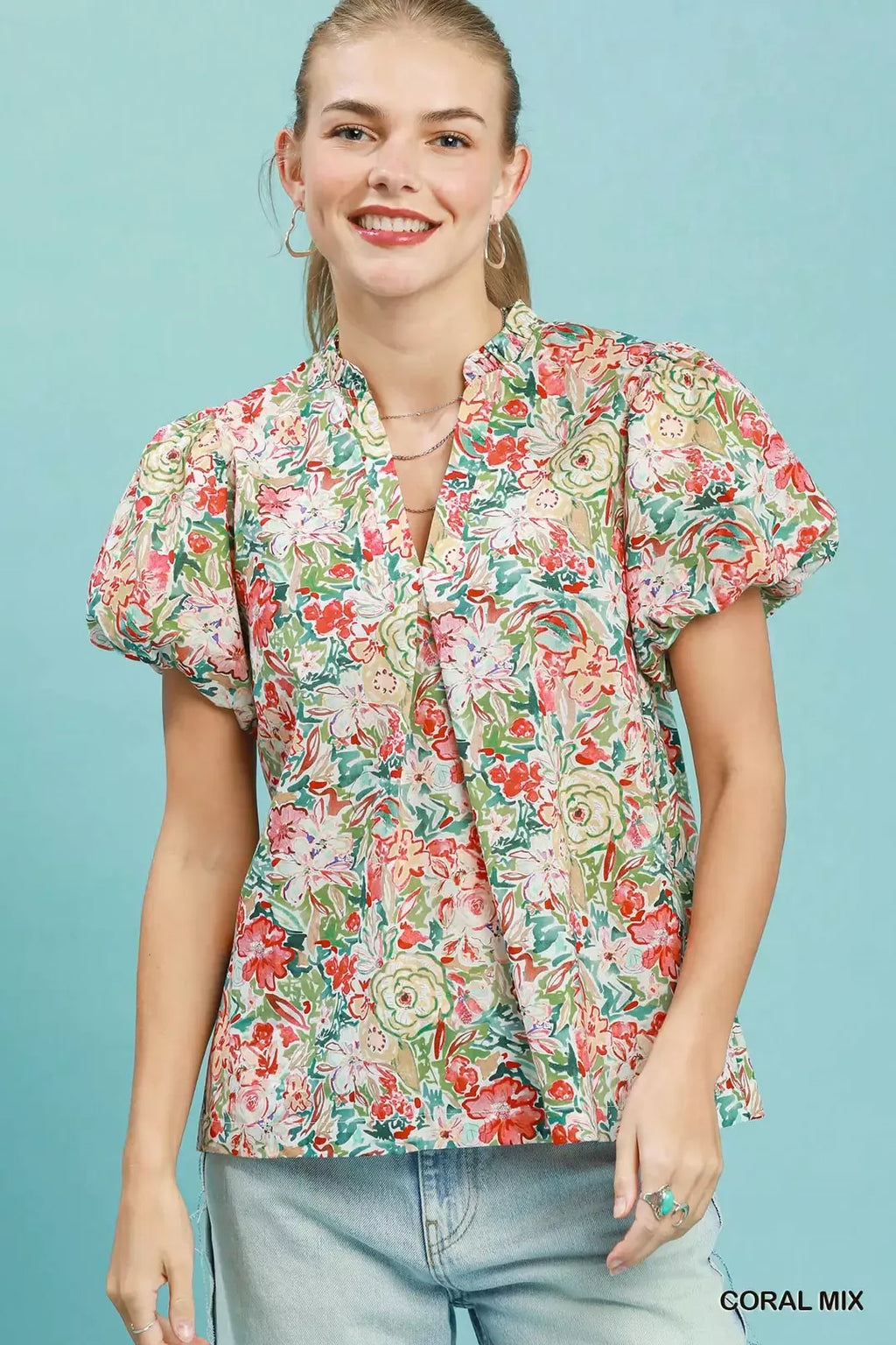 Umgee Floral Puff Sleeve Blouse CORAL MIX (top) - umgee floral top, umgee floral shirt, what is white f - shop at us.meeeshop