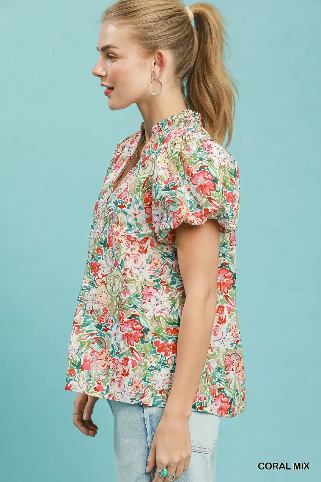 umgee floral puff Umgee Floral Puff Sleeve Blouse view 2 (top) - shop at us.meeeshop
