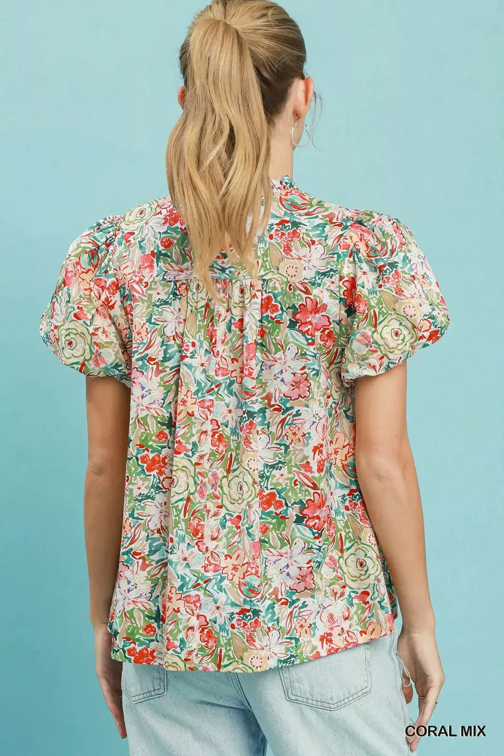 Umgee Floral Puff Sleeve Blouse CORAL MIX view 3 (top) - umgee floral top, umgee floral shirt, what is  - shop at us.meeeshop