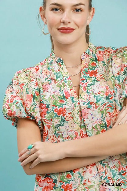 umgee floral puff Umgee Floral Puff Sleeve Blouse view 4 (top) - shop at us.meeeshop
