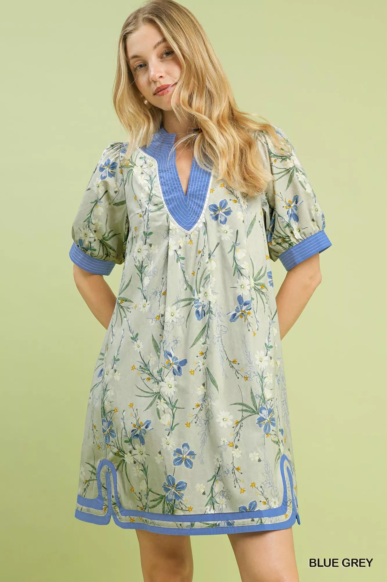 Umgee Floral Puff Sleeve Dress with Contrast Trim BLUE GREY (dress) - umgee green floral dress, umgee b - shop at us.meeeshop