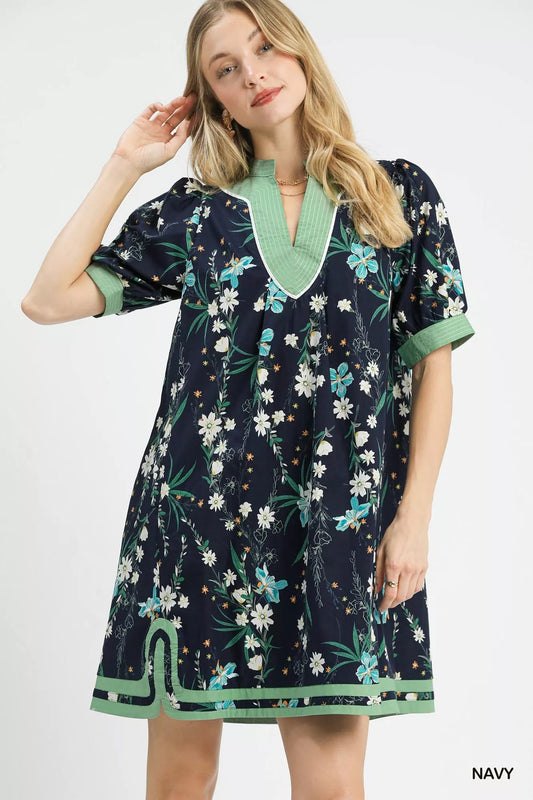 umgee floral puff Umgee Floral Puff Sleeve Dress with Contrast Trim Navy (dress) - shop at us.meeeshop