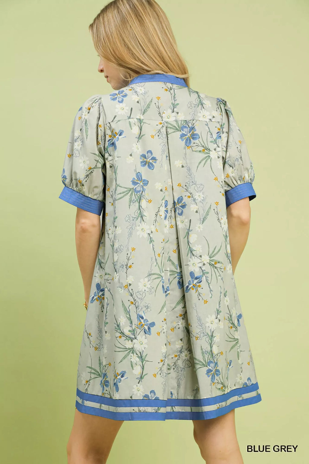 Umgee Floral Puff Sleeve Dress with Contrast Trim BLUE GREY view 2 (dress) - umgee green floral dress,  - shop at us.meeeshop