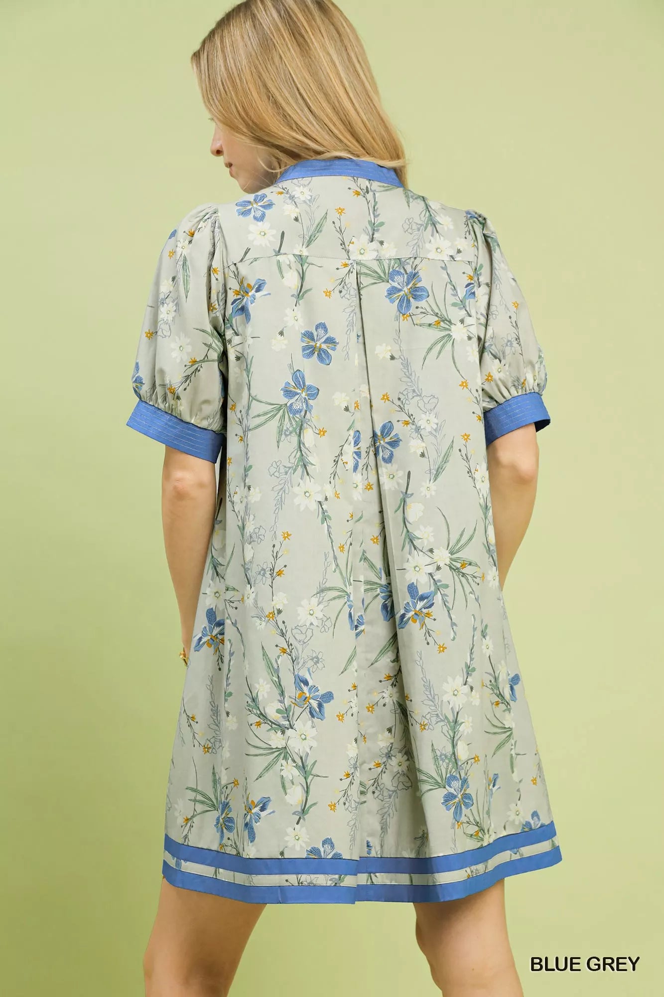 Umgee Floral Puff Sleeve Dress with Contrast Trim BLUE GREY view 2 (dress) - umgee green floral dress,  - shop at us.meeeshop