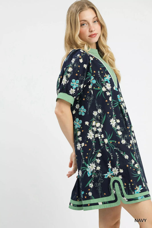 umgee floral puff Umgee Floral Puff Sleeve Dress with Contrast Trim view 2 (dress) - shop at us.meeeshop