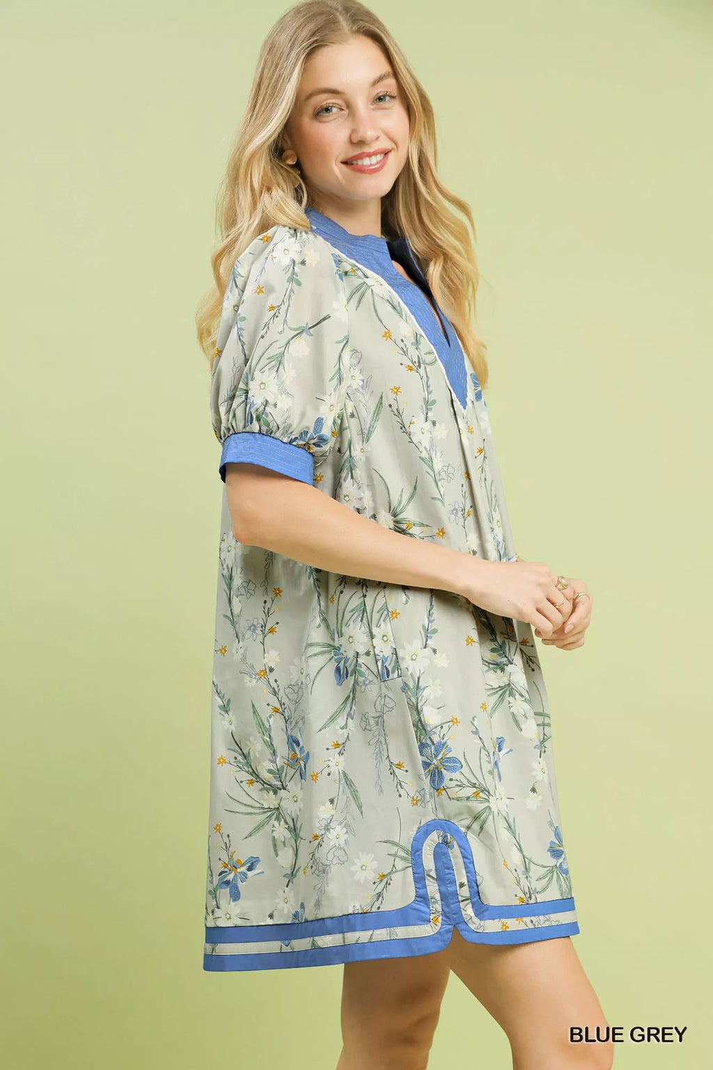 Umgee Floral Puff Sleeve Dress with Contrast Trim BLUE GREY view 3 (dress) - umgee green floral dress,  - shop at us.meeeshop