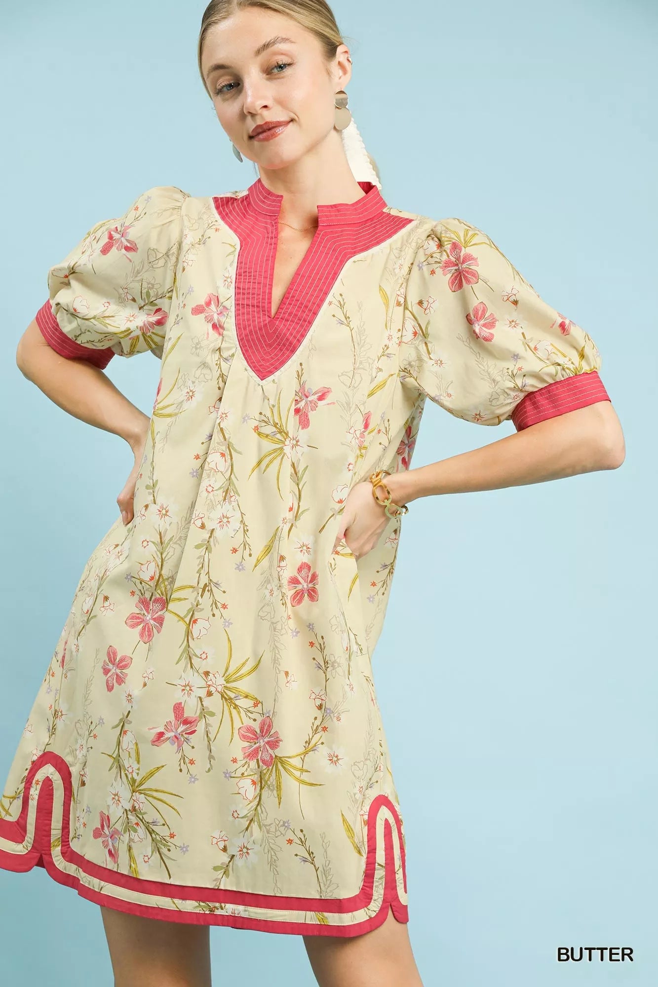 Umgee Floral Puff Sleeve Dress with Contrast Trim BUTTER view 3 (dress) - umgee green floral dress, umg - shop at us.meeeshop