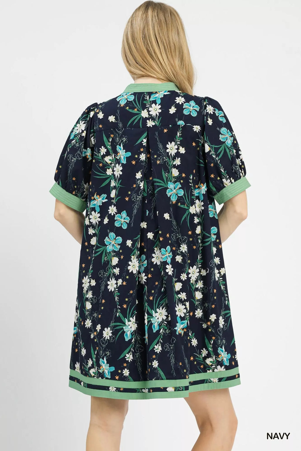Umgee Floral Puff Sleeve Dress with Contrast Trim Navy view 3 (dress) - umgee green floral dress, umgee - shop at us.meeeshop
