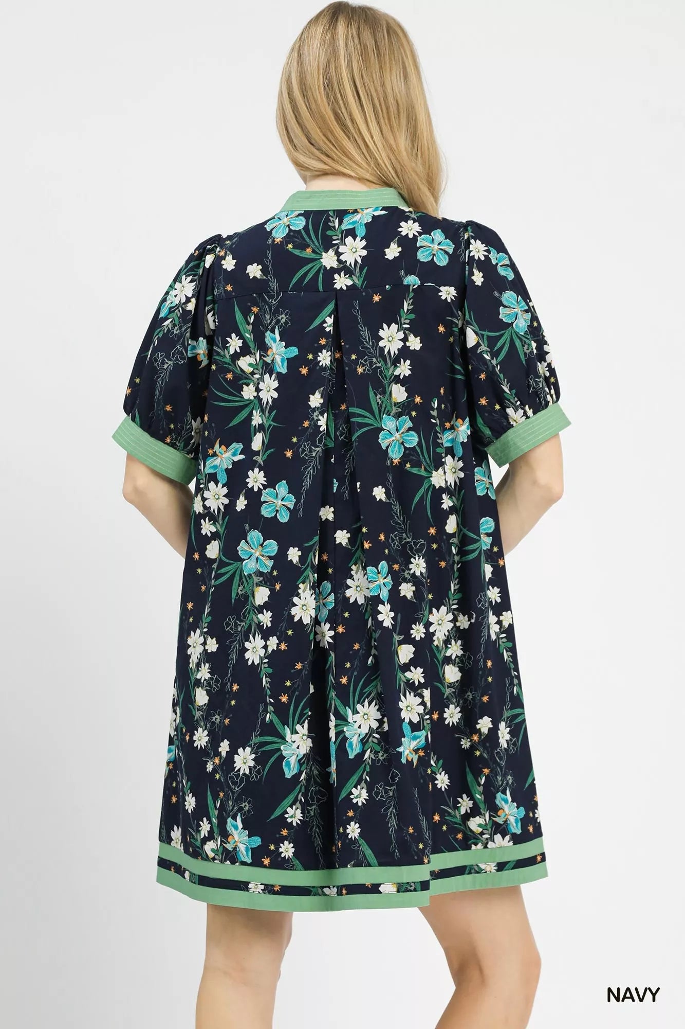 Umgee Floral Puff Sleeve Dress with Contrast Trim Navy view 3 (dress) - umgee green floral dress, umgee - shop at us.meeeshop
