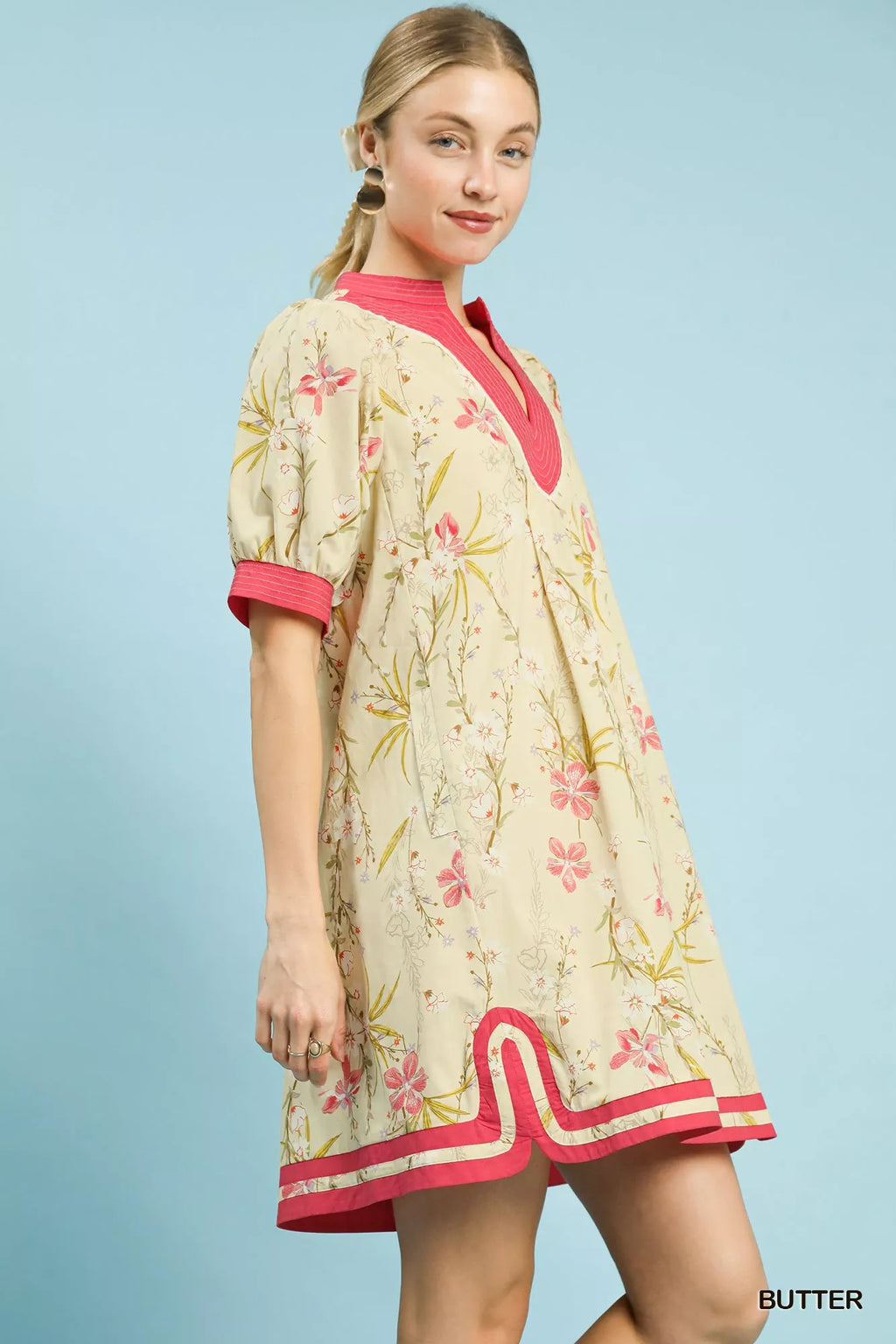 Umgee Floral Puff Sleeve Dress with Contrast Trim view 4 (dress) - umgee green floral dress, umgee blue - shop at us.meeeshop