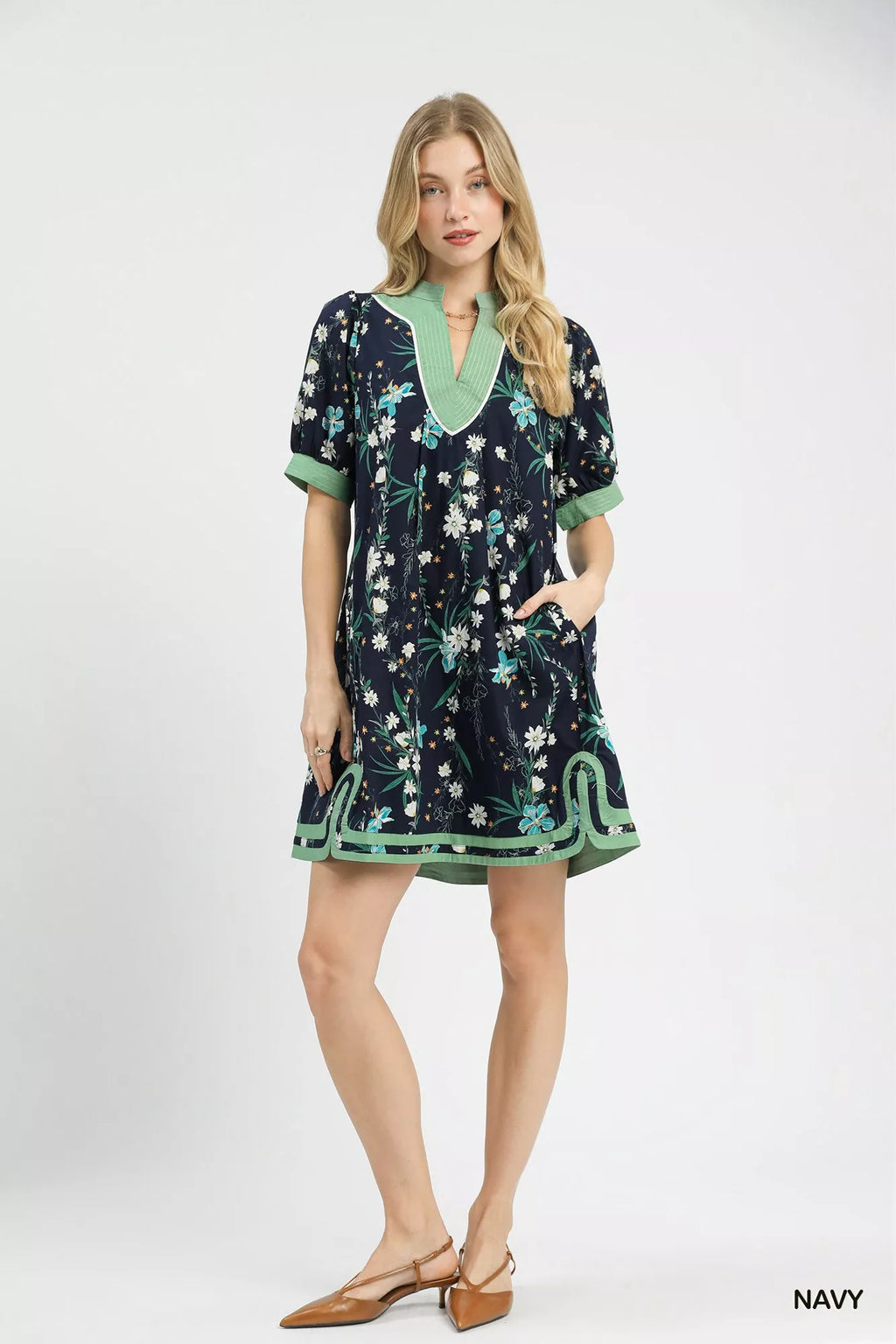 Umgee Floral Puff Sleeve Dress with Contrast Trim view 4 (dress) - umgee green floral dress, umgee blue - shop at us.meeeshop
