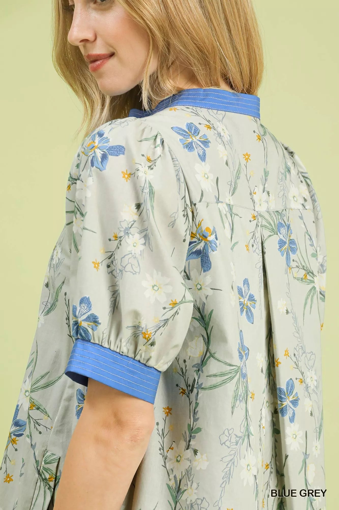 Umgee Floral Puff Sleeve Dress with Contrast Trim view 5 (dress) - umgee green floral dress, umgee blue - shop at us.meeeshop