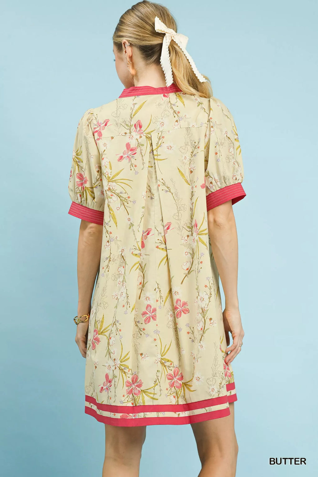 Umgee Floral Puff Sleeve Dress with Contrast Trim view 5 (dress) - umgee green floral dress, umgee blue - shop at us.meeeshop