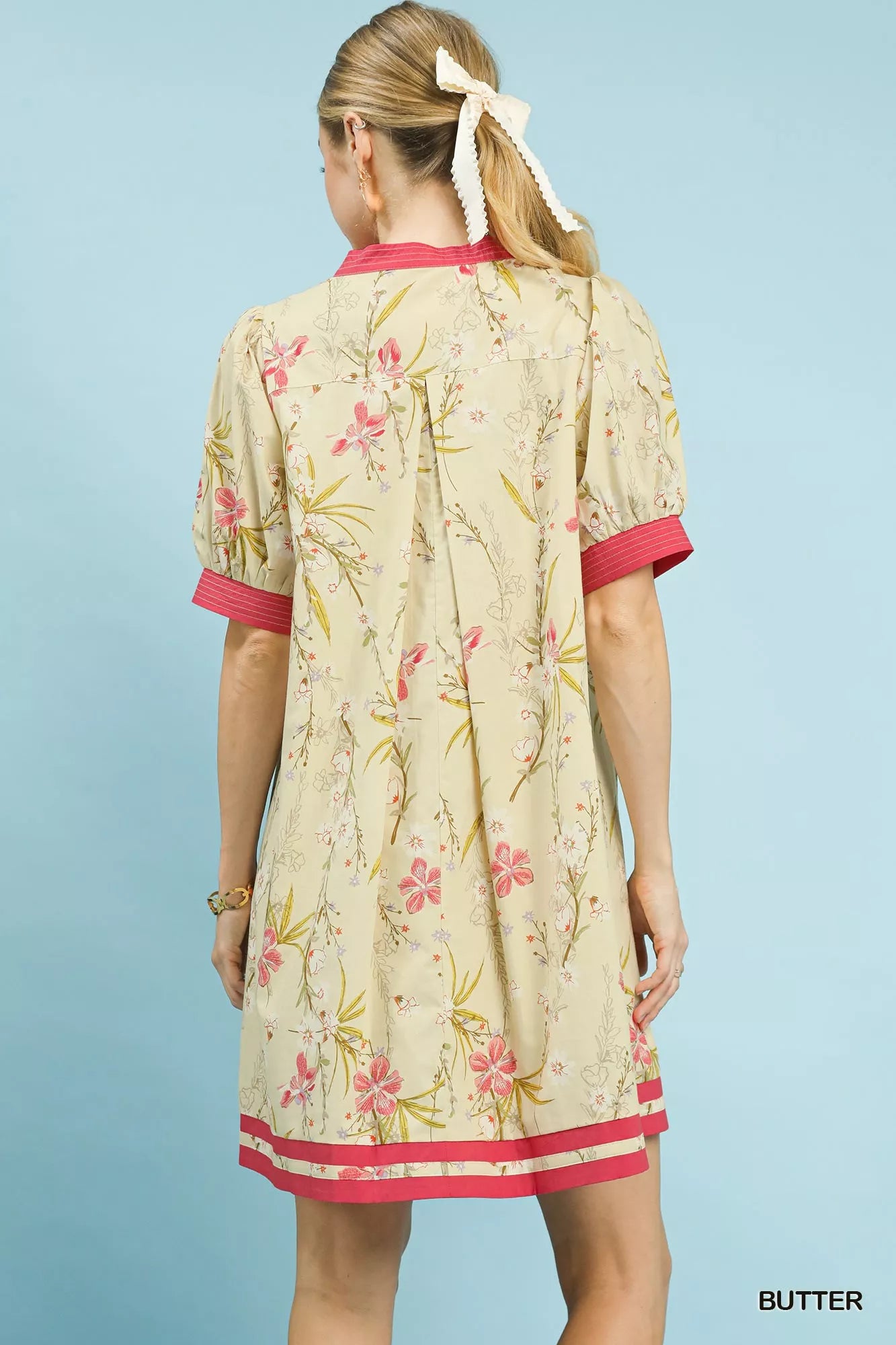 Umgee Floral Puff Sleeve Dress with Contrast Trim view 5 (dress) - umgee green floral dress, umgee blue - shop at us.meeeshop