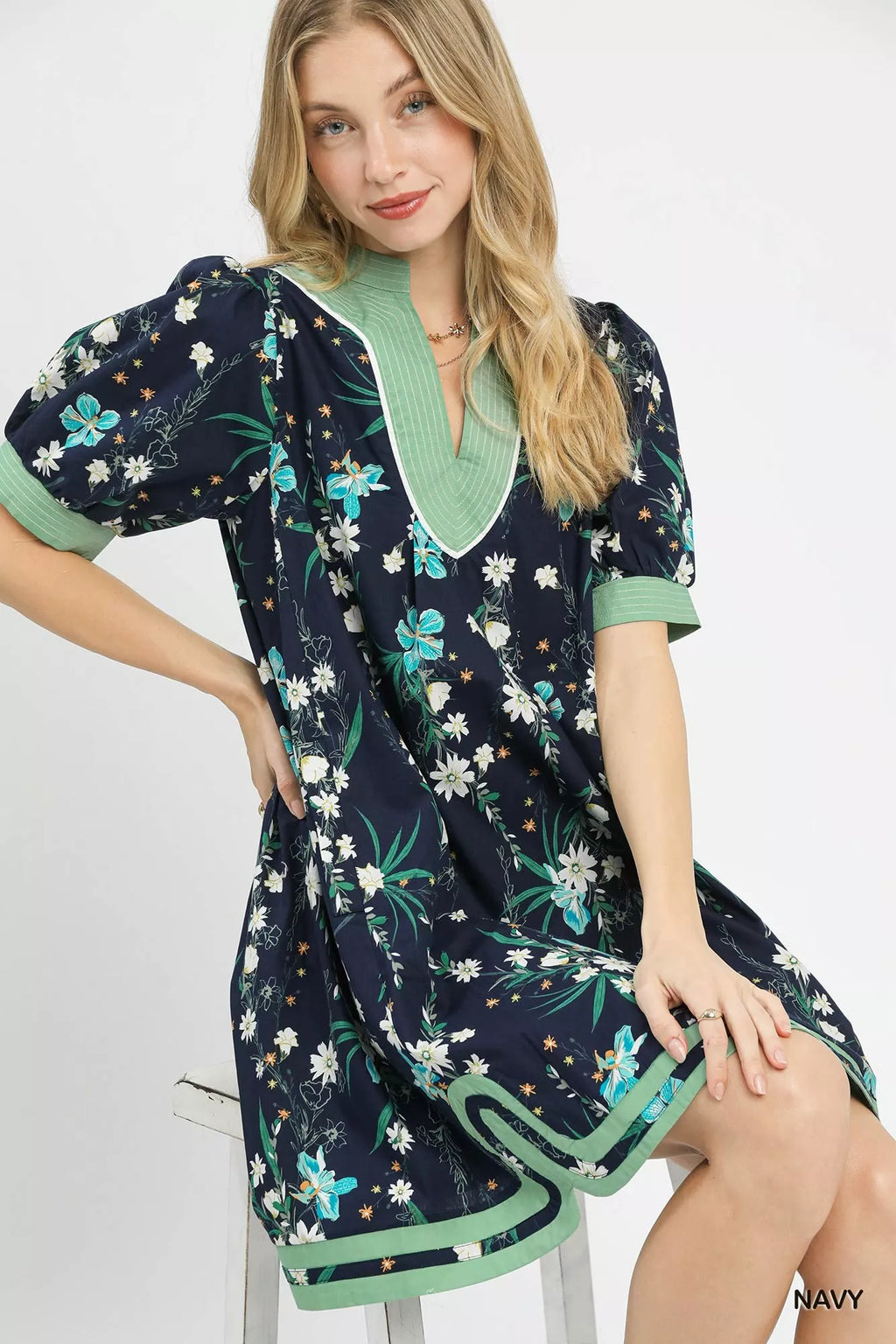 Umgee Floral Puff Sleeve Dress with Contrast Trim view 5 (dress) - umgee green floral dress, umgee blue - shop at us.meeeshop