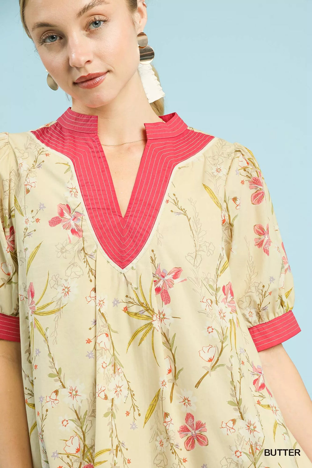 Umgee Floral Puff Sleeve Dress with Contrast Trim view 6 (dress) - umgee green floral dress, umgee blue - shop at us.meeeshop