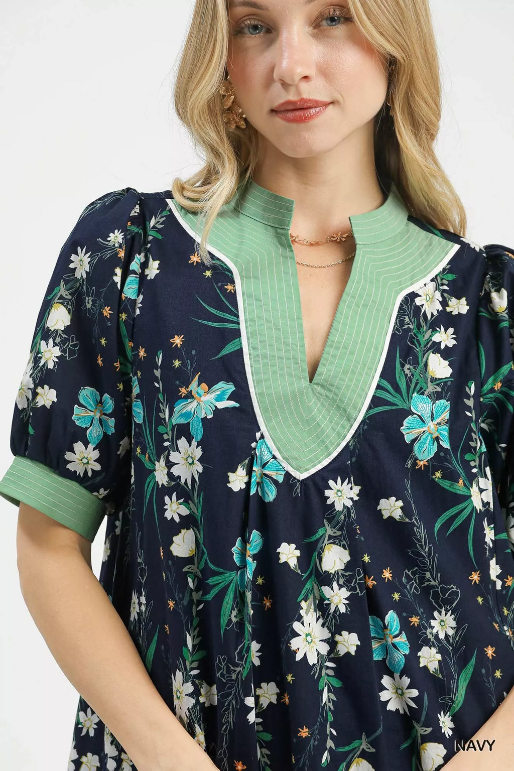 Umgee Floral Puff Sleeve Dress with Contrast Trim view 6 (dress) - umgee green floral dress, umgee blue - shop at us.meeeshop
