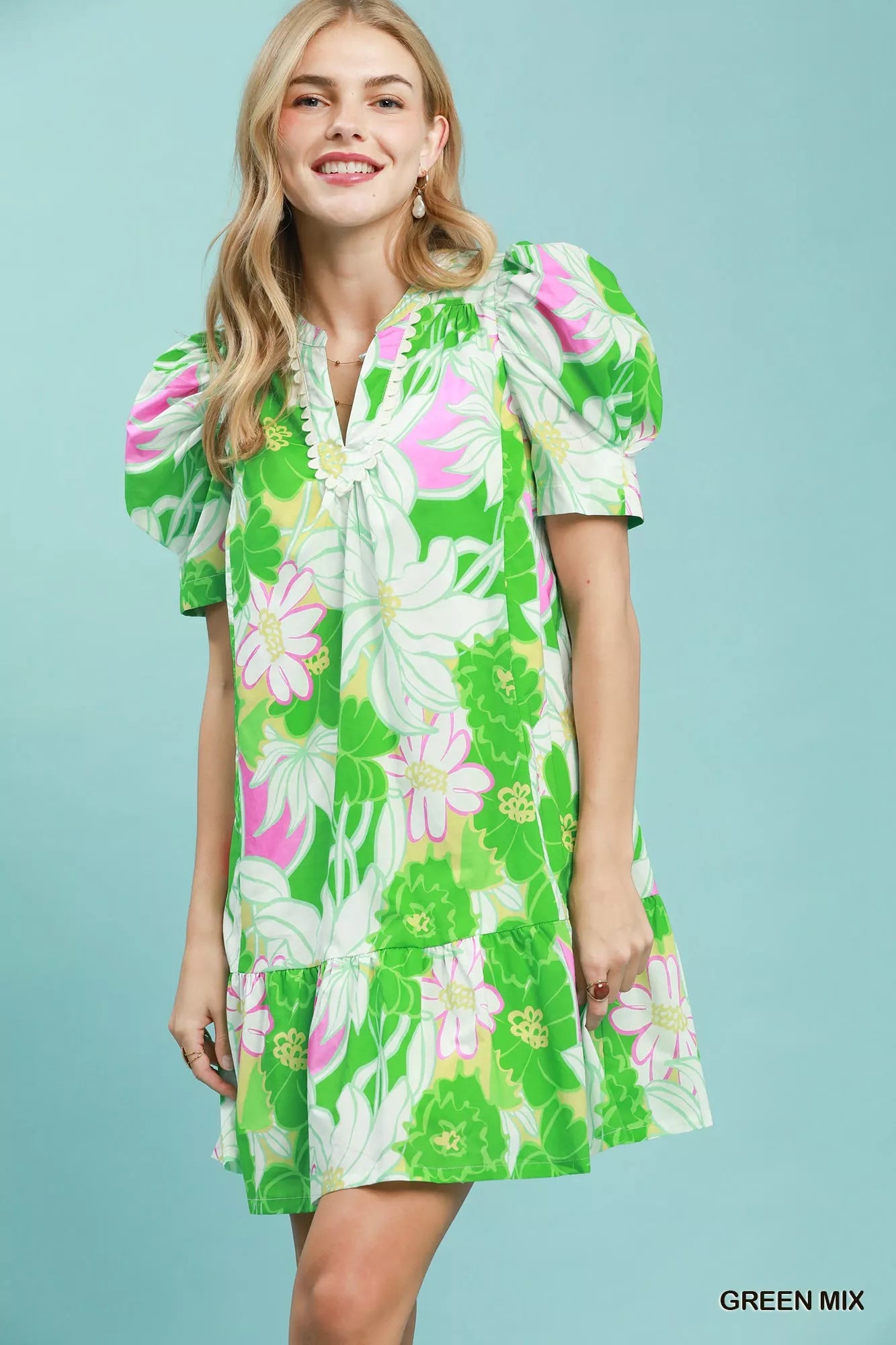 umgee floral puff Umgee Floral Puff Sleeve Tiered Mini Dress GREEN MIX (dress) - shop at us.meeeshop