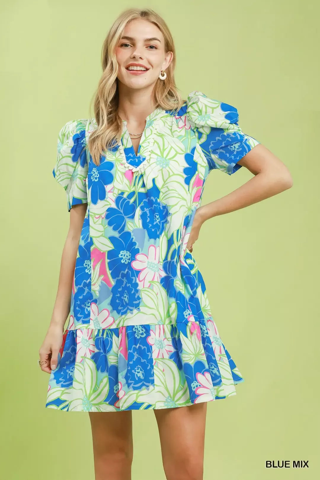 umgee floral puff Umgee Floral Puff Sleeve Tiered Mini Dress BLUE MIX (dress) - shop at us.meeeshop