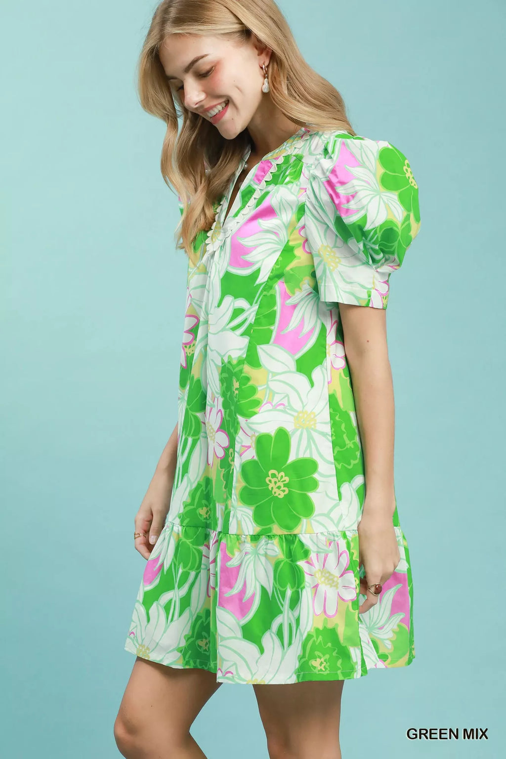 Umgee Floral Puff Sleeve Tiered Mini Dress GREEN MIX view 2 (dress) - umgee green floral dress, umgee b - shop at us.meeeshop