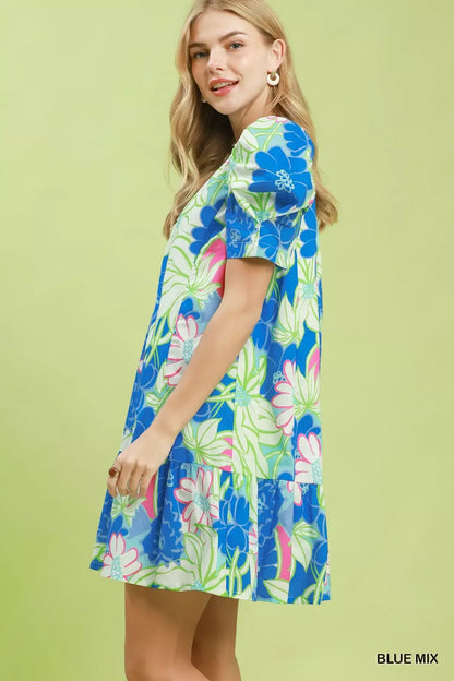 umgee floral puff Umgee Floral Puff Sleeve Tiered Mini Dress view 2 (dress) - shop at us.meeeshop
