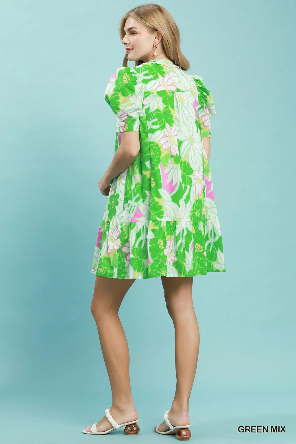 Umgee Floral Puff Sleeve Tiered Mini Dress GREEN MIX view 3 (dress) - umgee green floral dress, umgee b - shop at us.meeeshop