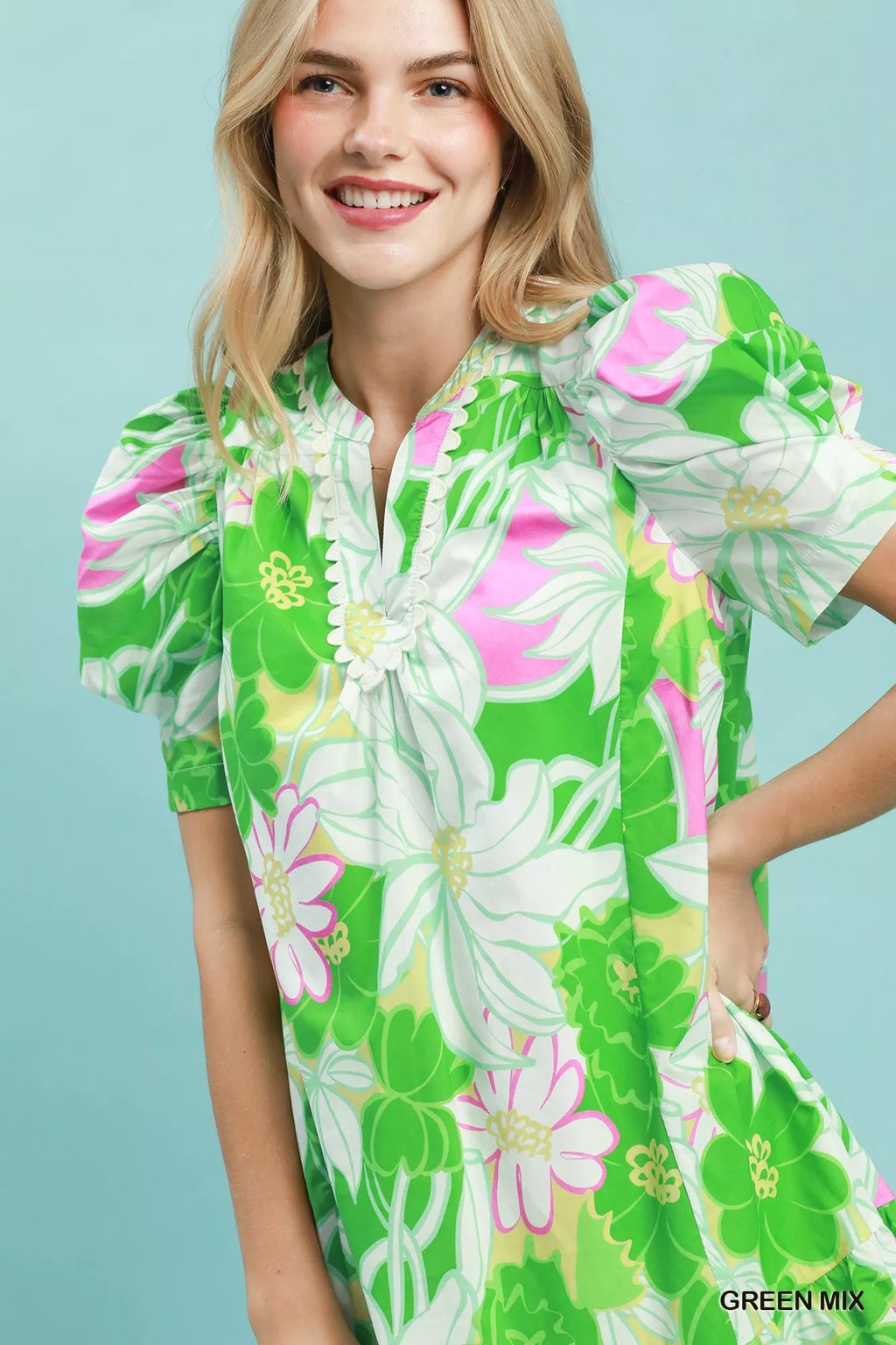 Umgee Floral Puff Sleeve Tiered Mini Dress view 5 (dress) - umgee green floral dress, umgee blue floral - shop at us.meeeshop