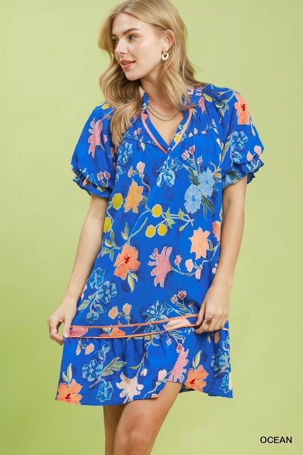 Umgee Floral Ruffle Hem Mini Dress OCEAN (dress) - umgee green floral dress, umgee blue floral dress, u - shop at us.meeeshop