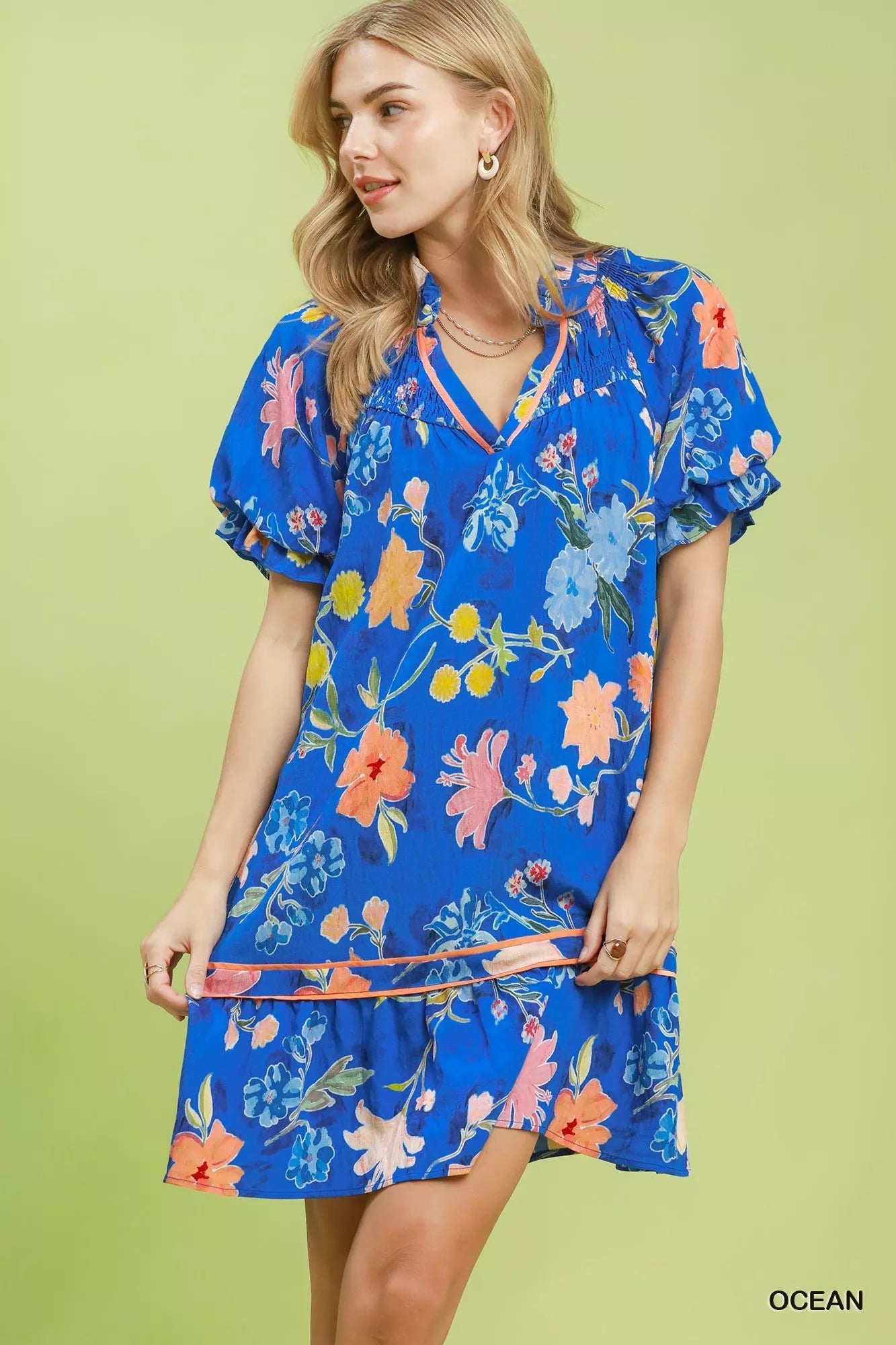 umgee floral ruffle Umgee Floral Ruffle Hem Mini Dress OCEAN (dress) - shop at us.meeeshop