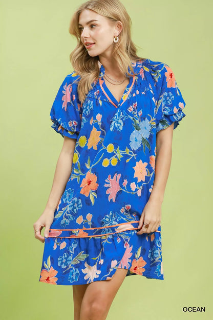 umgee floral ruffle Umgee Floral Ruffle Hem Mini Dress OCEAN (dress) - shop at us.meeeshop