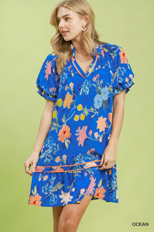 umgee floral ruffle Umgee Floral Ruffle Hem Mini Dress OCEAN (dress) - shop at us.meeeshop