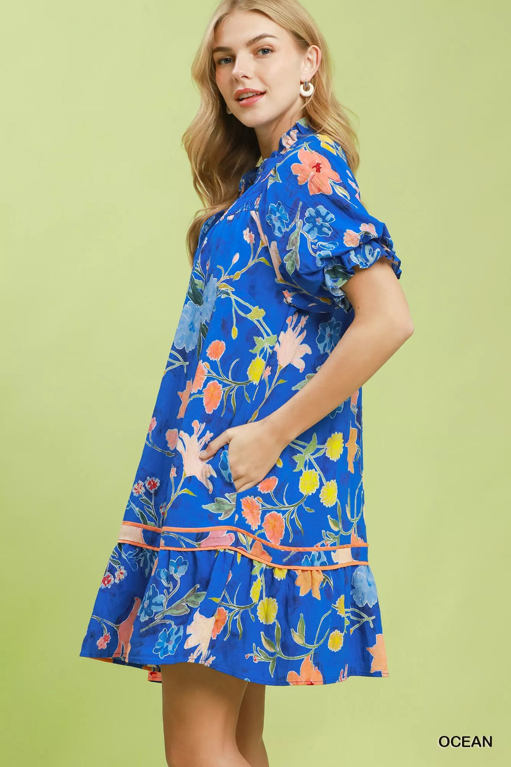 Umgee Floral Ruffle Hem Mini Dress OCEAN view 2 (dress) - umgee green floral dress, umgee blue floral d - shop at us.meeeshop