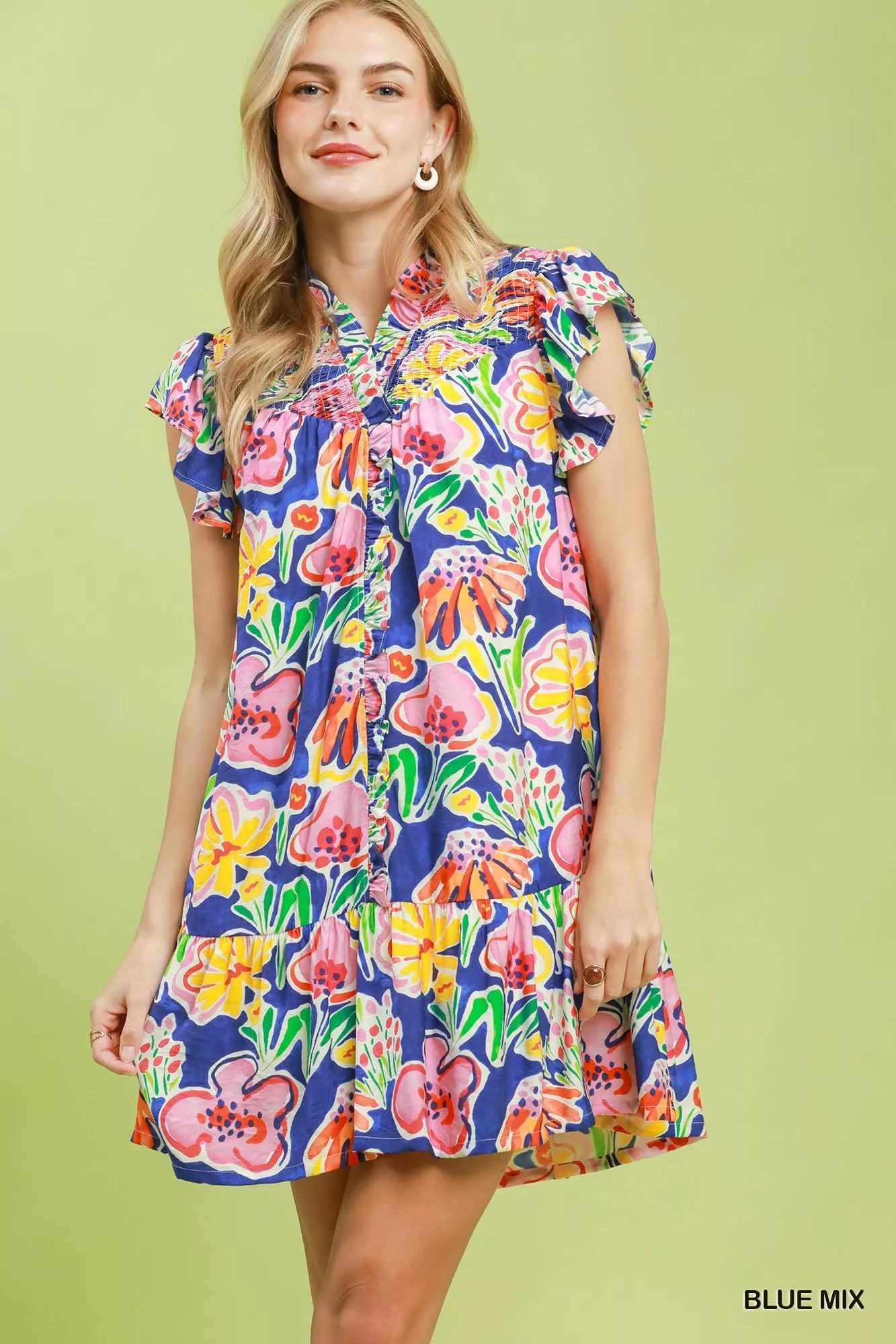 Umgee Floral Ruffle Mini Dress BLUE MIX (dress) - umgee green floral dress, umgee blue floral dress, um - shop at us.meeeshop