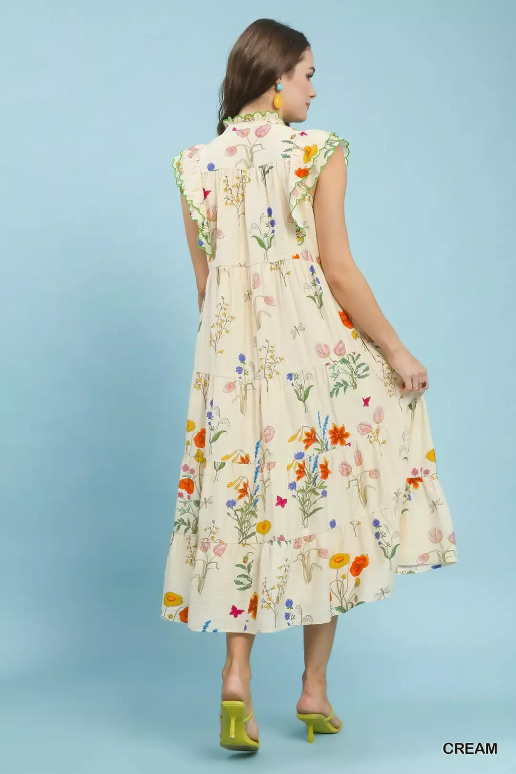 umgee floral ruffle Umgee Floral Ruffle Tiered Midi Dress with Scalloped Detail view 3 (dress) - shop at us.meeeshop
