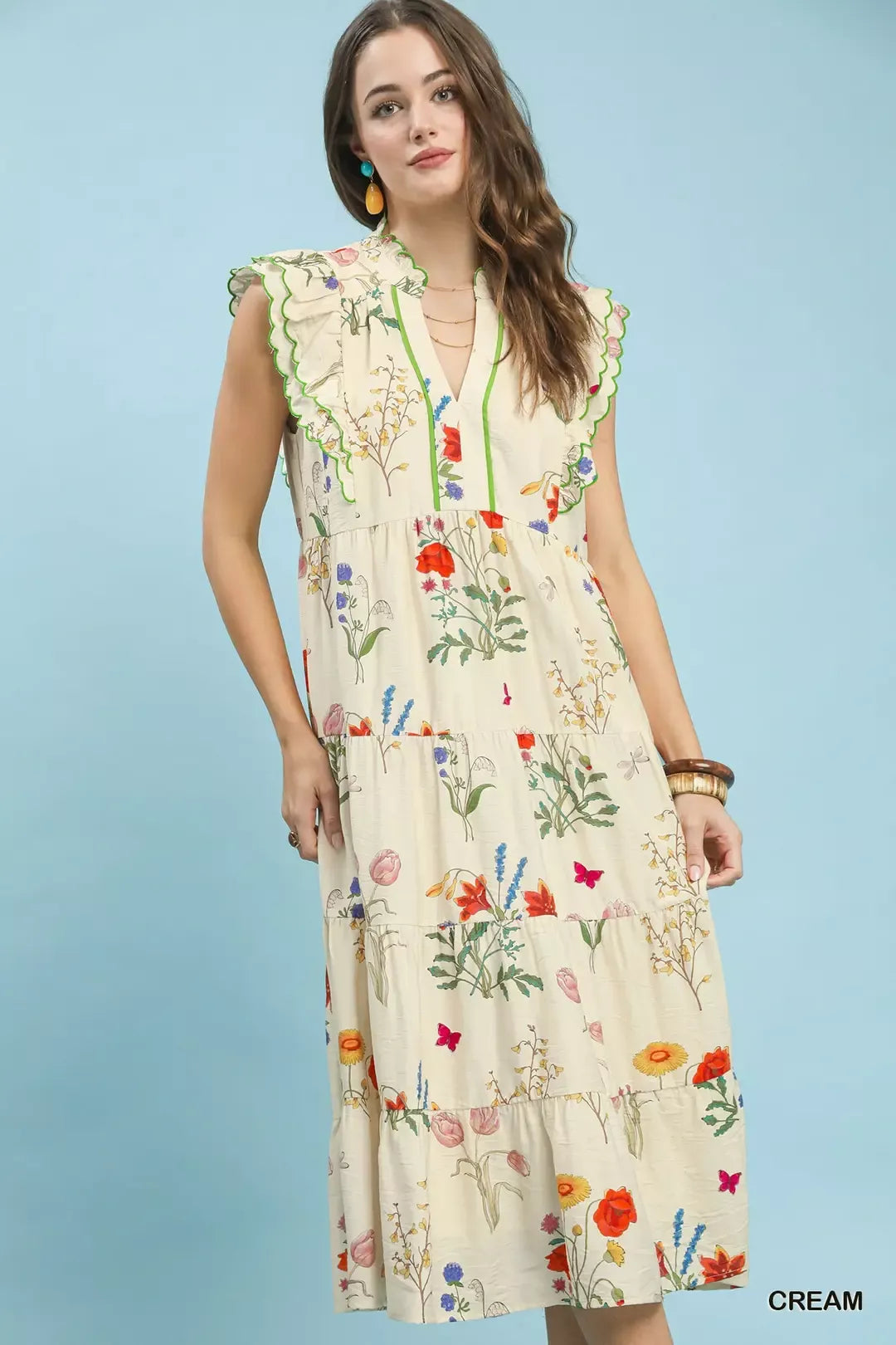 umgee floral ruffle Umgee Floral Ruffle Tiered Midi Dress with Scalloped Detail view 4 (dress) - shop at us.meeeshop