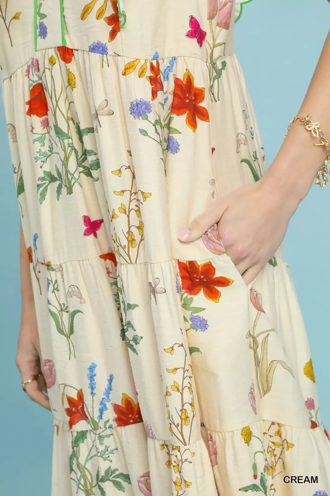 umgee floral ruffle Umgee Floral Ruffle Tiered Midi Dress with Scalloped Detail view 6 (dress) - shop at us.meeeshop