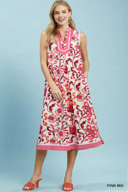 umgee floral scroll Umgee Floral Scroll Sleeveless Midi Dress PINK MIX (dress) - shop at us.meeeshop