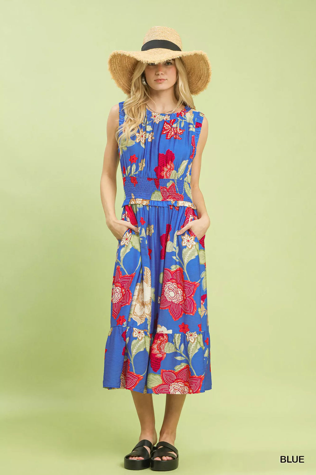 Umgee Floral Smocked Midi Dress view 4 (dress) - umgee green floral dress, umgee blue floral dress, umg - shop at us.meeeshop