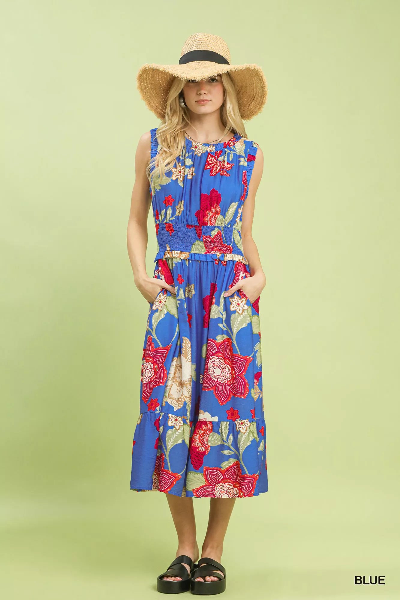 Umgee Floral Smocked Midi Dress view 4 (dress) - umgee green floral dress, umgee blue floral dress, umg - shop at us.meeeshop