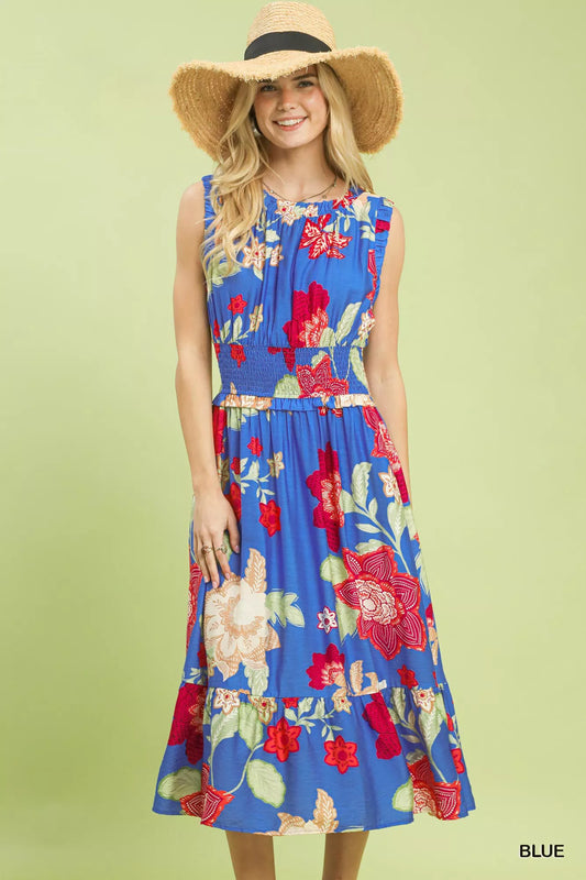 umgee floral smocked Umgee Floral Smocked Midi Dress Blue (dress) - shop at us.meeeshop