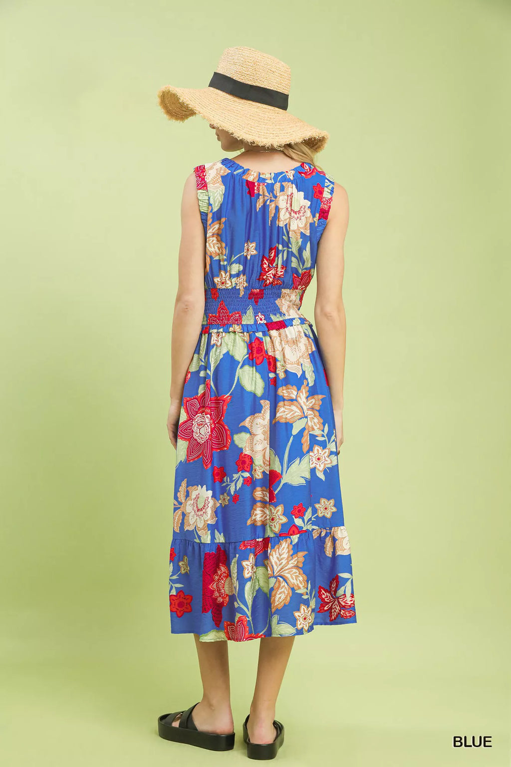 Umgee Floral Smocked Midi Dress Blue view 3 (dress) - umgee green floral dress, umgee blue floral dress - shop at us.meeeshop