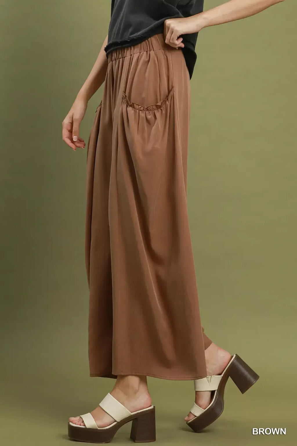 Umgee Flowy Wide Leg Pocket Pants BROWN view 2 (bottom) - umgee palazzo pants, white flowy pants near m - shop at us.meeeshop