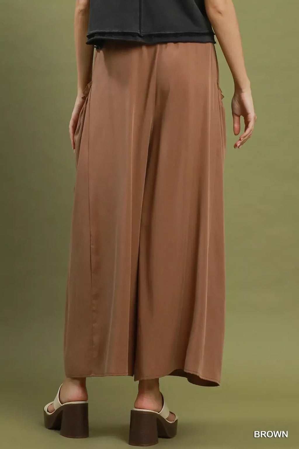 Umgee Flowy Wide Leg Pocket Pants BROWN view 3 (bottom) - umgee palazzo pants, white flowy pants near m - shop at us.meeeshop