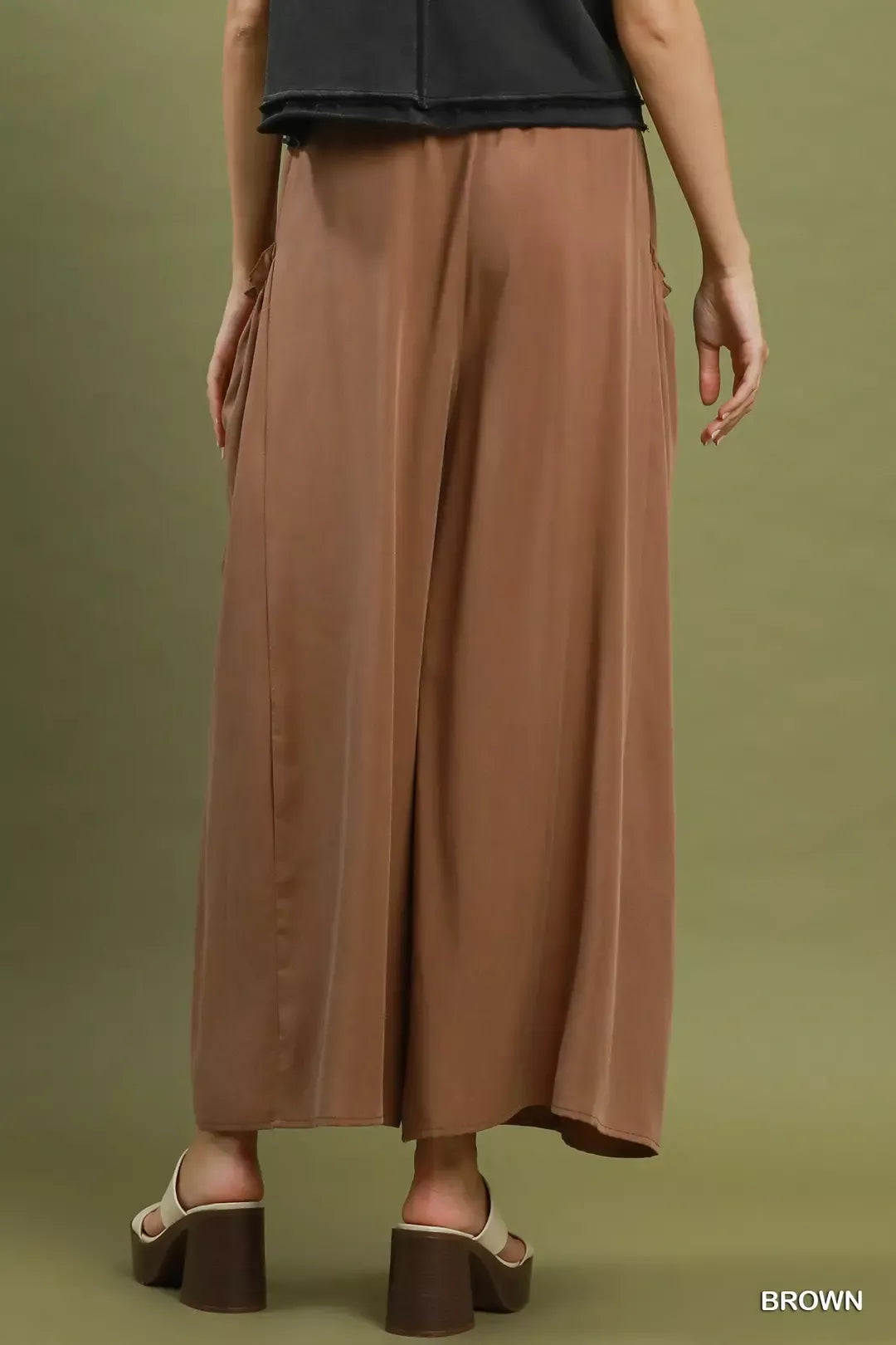 Umgee Flowy Wide Leg Pocket Pants BROWN view 3 (bottom) - umgee palazzo pants, white flowy pants near m - shop at us.meeeshop
