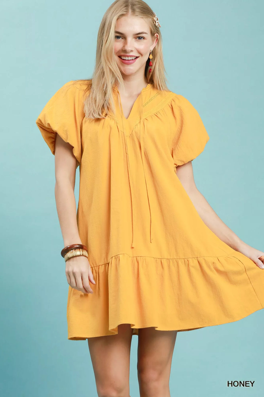 Umgee Flutter Sleeve Tassel Tie Ruffle Hem Mini Dress HONEY (dress) - umgee flutter sleeve top, umgee f - shop at us.meeeshop