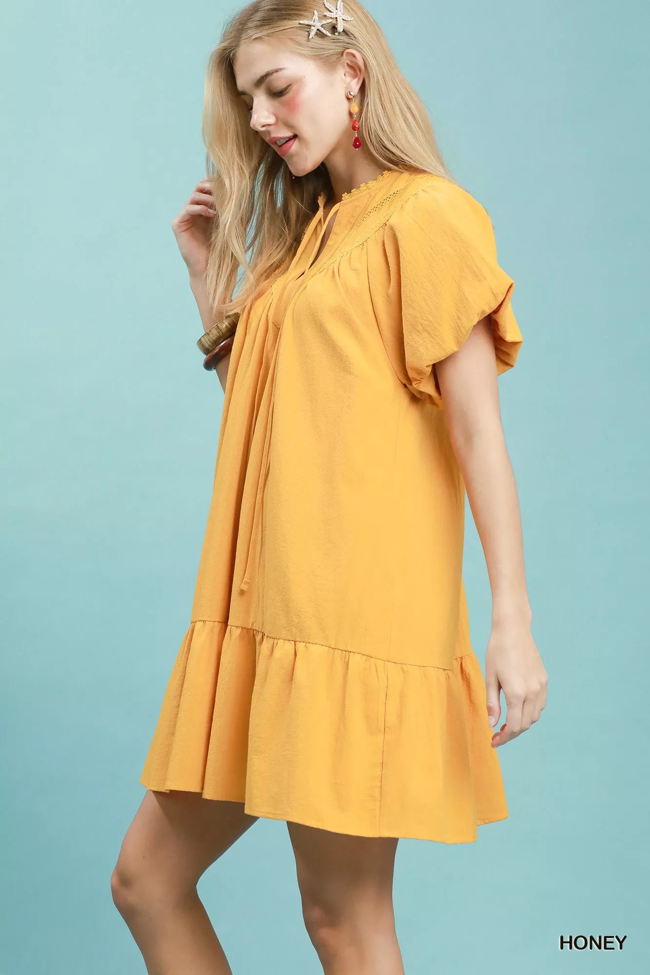 Umgee Flutter Sleeve Tassel Tie Ruffle Hem Mini Dress HONEY view 2 (dress) - umgee flutter sleeve top,  - shop at us.meeeshop